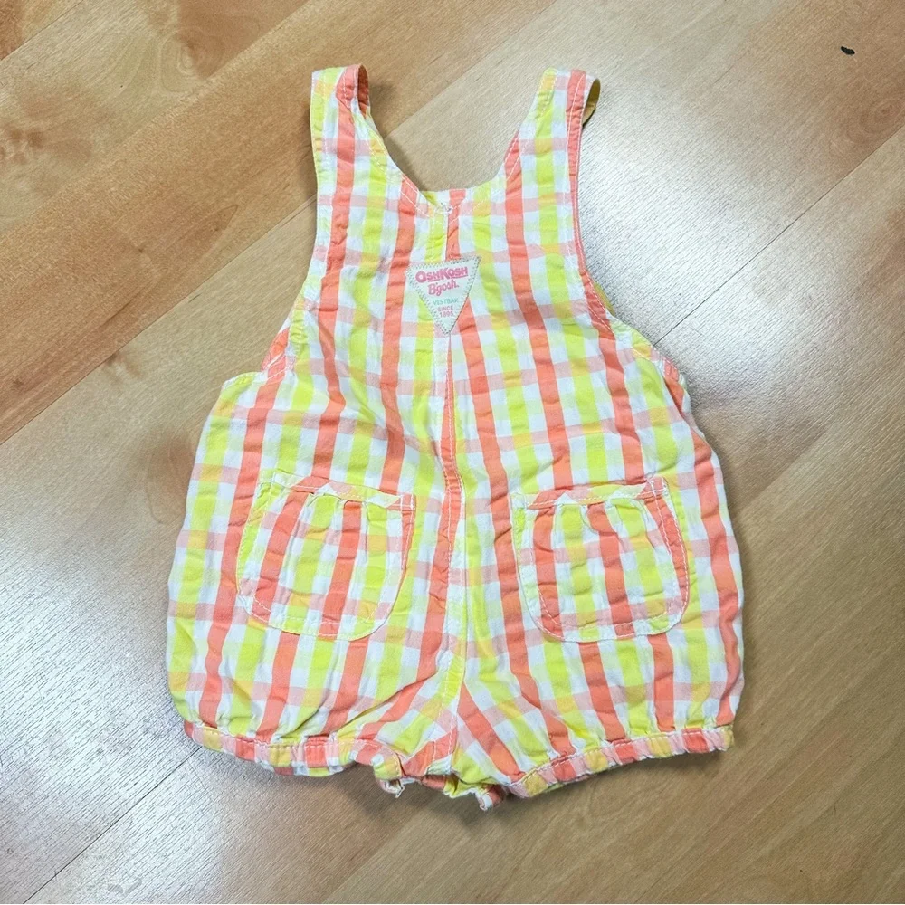 Oshkosh Yellow & Orange Plaid Vestbak Shortall Overalls Baby Girl Size 12M